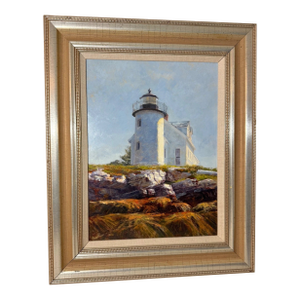 2009 Jerry Rose Oil Painting Rockweed Pumpkin Island Lighthouse Oil Painting