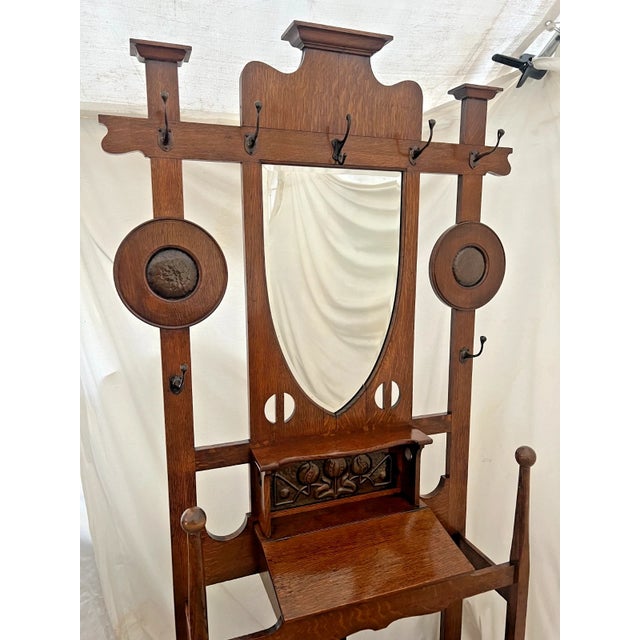 Arts & Crafts Early 20th Century English Arts & Crafts Quarter-Sawn Oak Hall Tree With Mirror and Umbrella Stand For Sale - Image 3 of 13