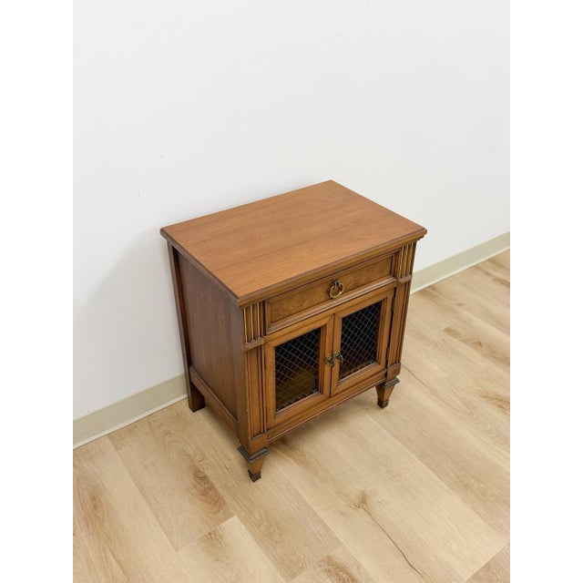Mid-Century Modern MCM Transitional Nightstand With Iron Grate Doors Single Drawer Vintage Ornate For Sale - Image 3 of 10