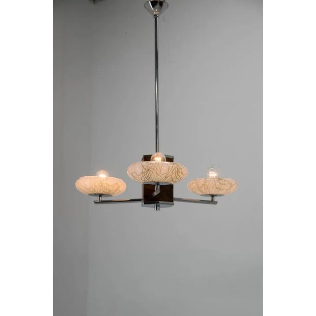 Art Deco Wood Chrome and Glass Chandelier, 1940s For Sale - Image 4 of 13
