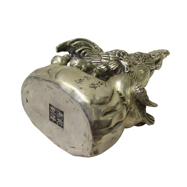 2010s Chinese Silver Color Metal Rooster Family Small Figure For Sale - Image 5 of 6