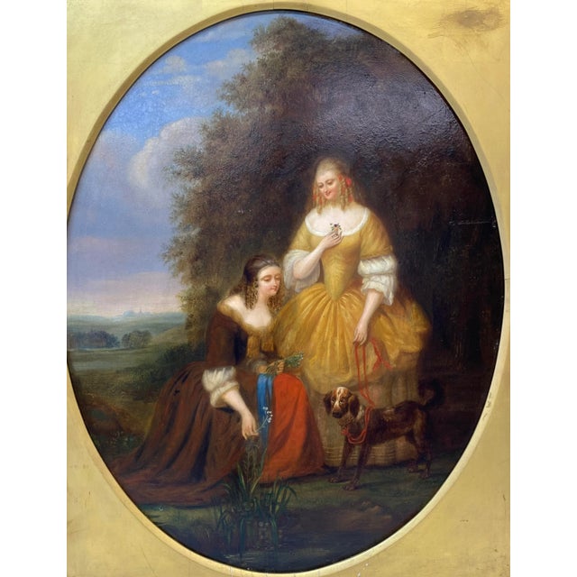Eduard Leonardus Roelant (1842-1883, Belgium) 19th Century Oil Portrait of Two Sisters With Their Dog c.1853 Outstanding...