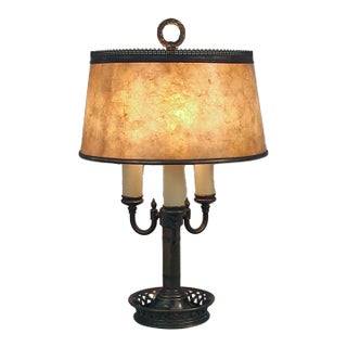 Vintage Mutual Sunset Lamp Co Mica Shade, Bronze Patina 3-Light Table Desk Lamp For Sale
