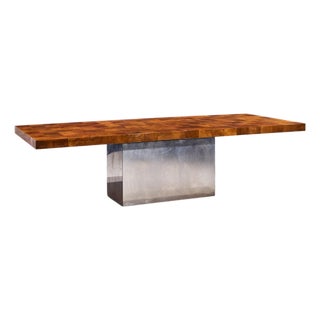 Milo Baughman for Thayer Coggin Mid Century Burlwood and Chrome Dining Table With 2 Leaves For Sale