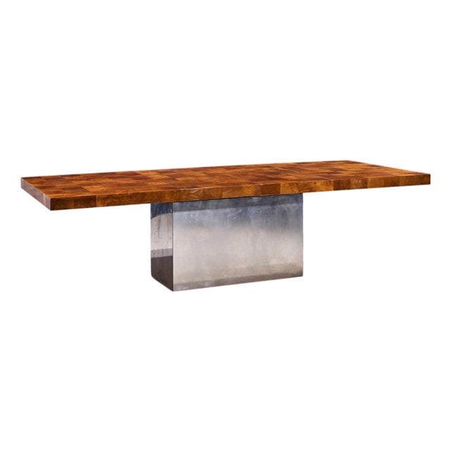 Milo Baughman for Thayer Coggin Mid Century Burlwood and Chrome Dining Table With 2 Leaves For Sale