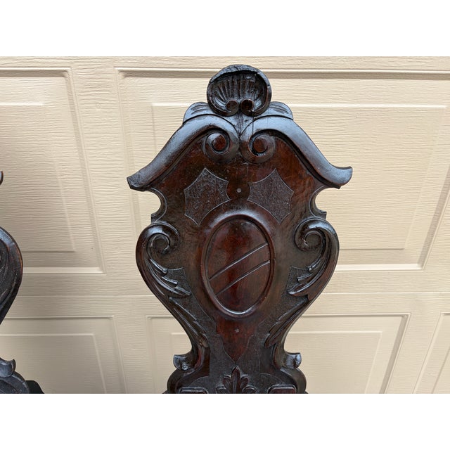 Wood Antique 19th Century Italian Renaissance Hand Carved Walnut Hall Chairs, Pair For Sale - Image 7 of 10