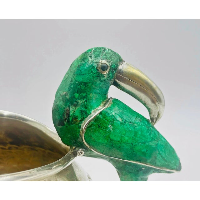 1960s Los Fajardo Taxco Toucan Pitcher Malachite Silver Plate For Sale - Image 14 of 18