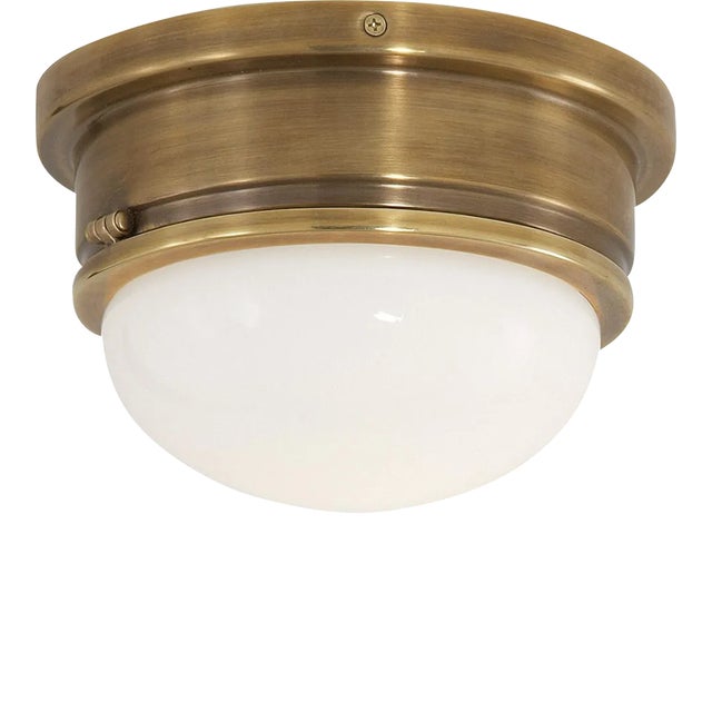 Chapman & Myers for Visual Comfort Signature Marine Medium Flush Mount in Hand-Rubbed Antique Brass with White Glass For Sale