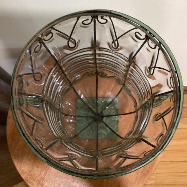Large Hand Blown Caged Glass Footed Vase Wrought Iron Frame Scroll Handles For Sale - Image 12 of 12