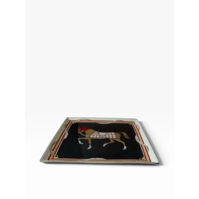 This is a vintage Daniel Hechter porcelain equestrian horse racing platter. The horse is dressed in a red hood and plaid...