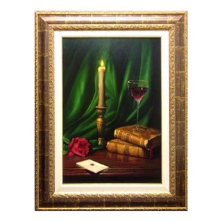 William Martin Untitled Candle & Rose Oil on Canvas W/Custom Frame Hand Signed For Sale
