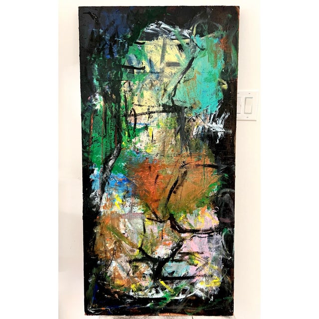 Striking one-of-a-kind original abstract painting on canvas featuring expressive, heavily layered brushwork and a...