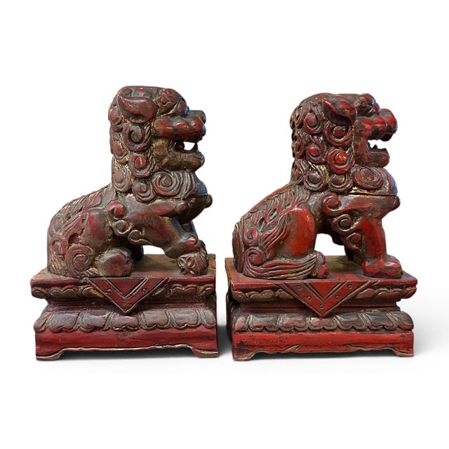 Pair of Carved Wood Chinese Foo Lions, 10" Tall, 20th Century For Sale - Image 4 of 12