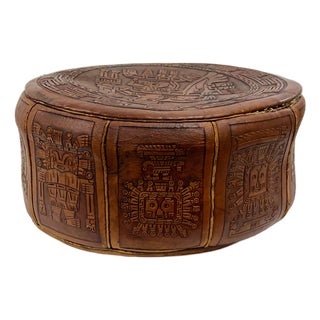 Vintage Peruvian Hand-Tooled Leather Ottoman For Sale