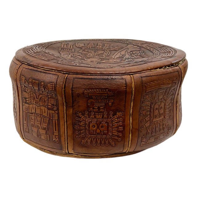 Vintage Peruvian Hand-Tooled Leather Ottoman For Sale