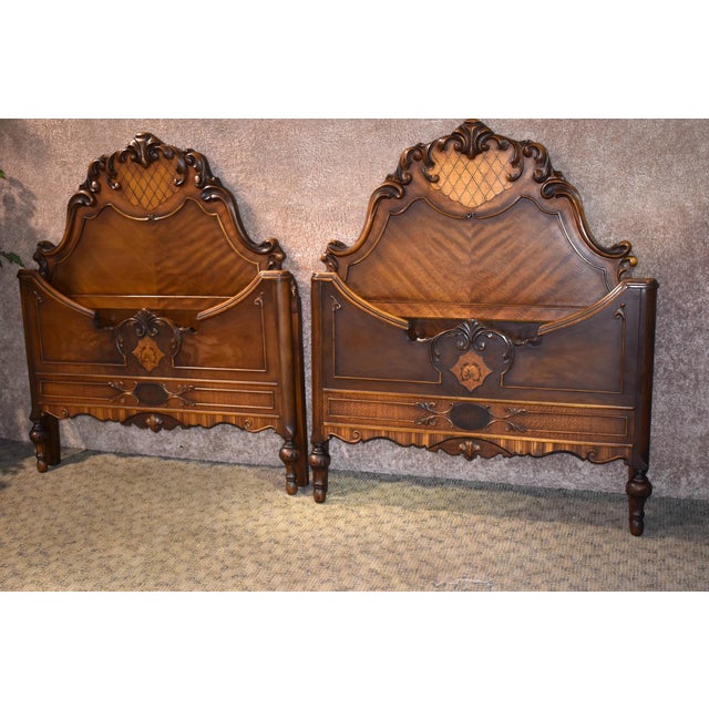 Antique Jacobean Carved & Inlaid Pair of Twin Headboard and Footboard