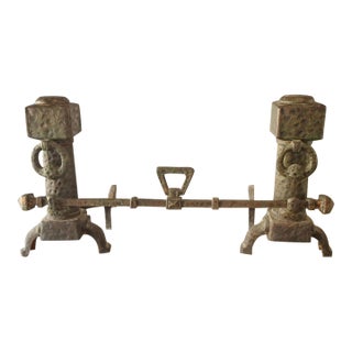 Vintage Spanish Revival Hammered Iron Three Piece Andirons Fireplace Accessorie For Sale