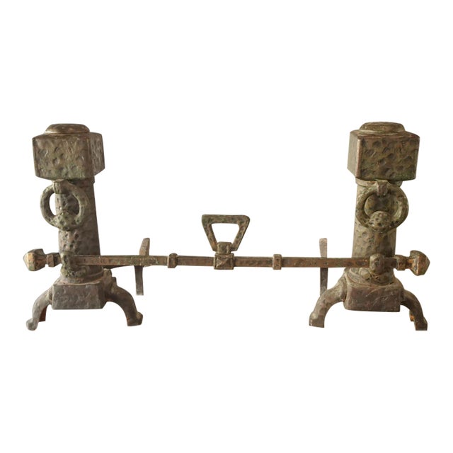 Vintage Spanish Revival Hammered Iron Three Piece Andirons Fireplace Accessorie For Sale