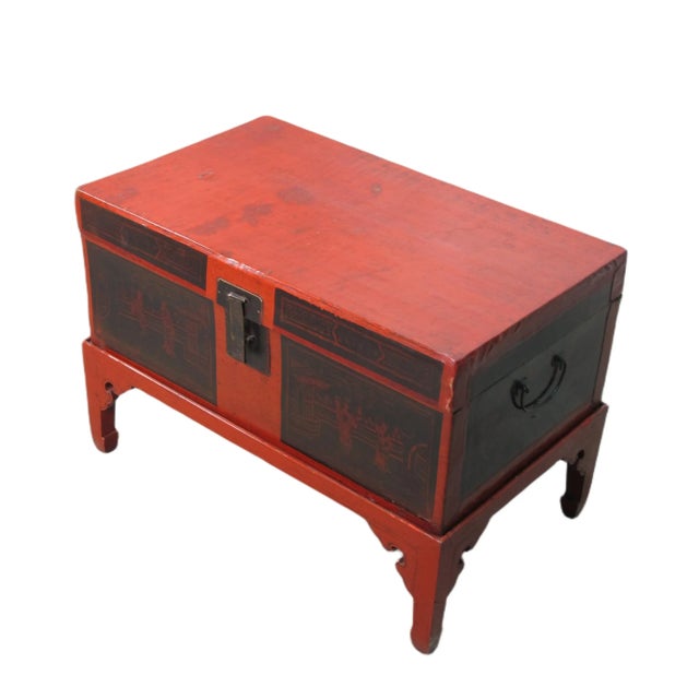 Chinese Red Antique Accent Cabinet Trunk With a Stand For Sale - Image 3 of 10