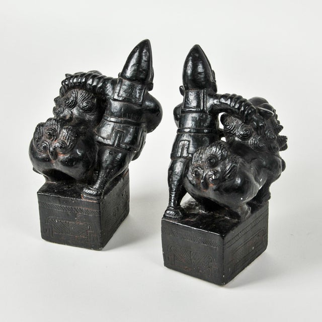 Mid 20th Century Rare Pair of Asian Art Foo Dog Guardian Lion Bookends With Figures For Sale - Image 11 of 16
