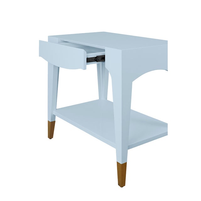 Contemporary Matthew Izzo Home Ronny Glossy Light Blue Lacquer One Drawer Side Table With Antique Brass Foot Caps For Sale - Image 3 of 7