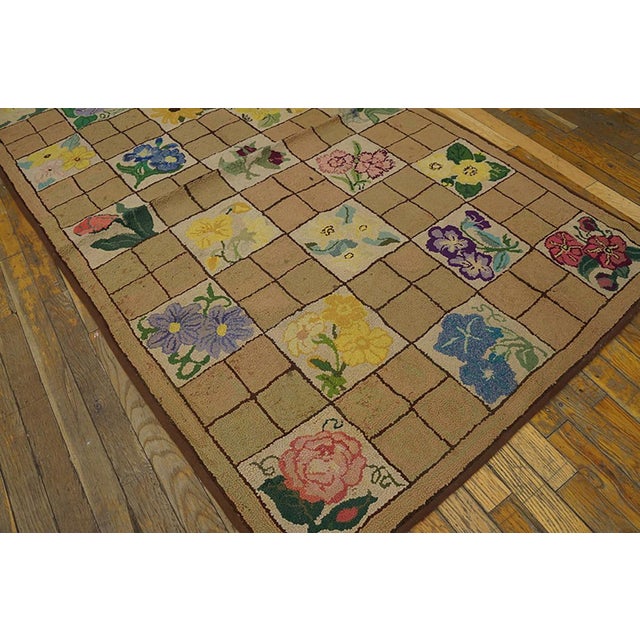 American 1940s Tan-Taupe Floral Checkerboard Folk Art Antique American Hooked Rug 3'9"x 5'6" Wool Carpet For Sale - Image 3 of 5