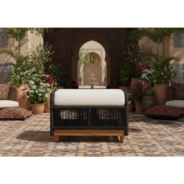 Alpine Teak Wood Outdoor Ottoman With Black - Rope Design For Sale - Image 9 of 13