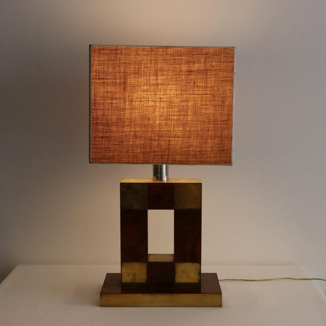 Mid-Century Geometric Table Lamp in Briar and Brass with Canvas Shade, Italy, 1970s For Sale - Image 6 of 6