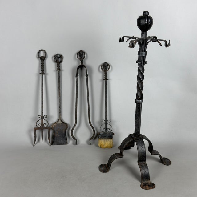 Mid 20th Century Vintage Wrought Iron Fireplace Set Floor Lamp with Tools, 1940s For Sale - Image 5 of 10