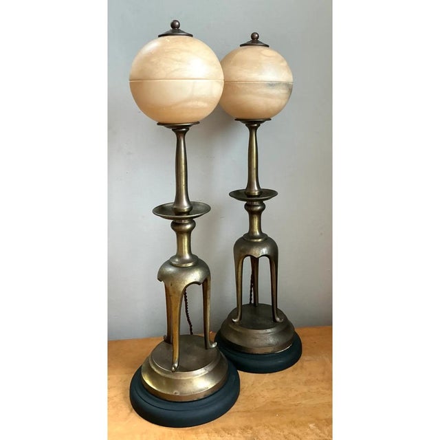 Vintage Brass and Alabaster Table Lamps - Pair For Sale - Image 9 of 12