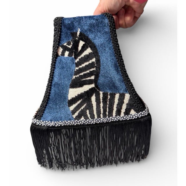 2020s Handmade Zebra Velvet Lampshade in Regal Farlow Fabric in Pink and Blue With Black Fringe For Sale - Image 5 of 7