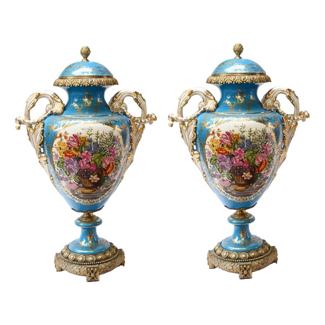Large Sevres Floral Porcelain Vases, Set of 2 For Sale