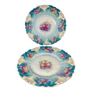 Antique Scalloped Hand Painted Fine Porcelain Plates- Set of 2 For Sale