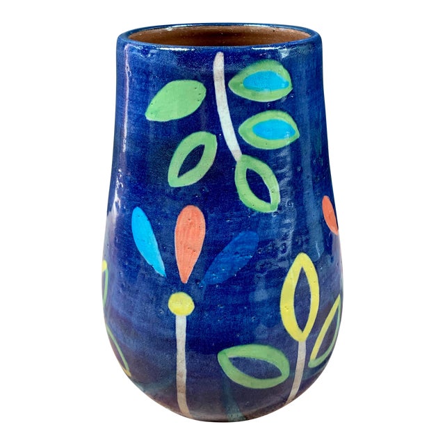 Hand Painted Terra Cotta Blue Vase With Colorful Modern Flowers Chairish