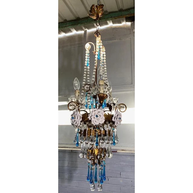 1940s Chandelier with White Roses and Blue Drops, Murano, 1950s For Sale - Image 5 of 18