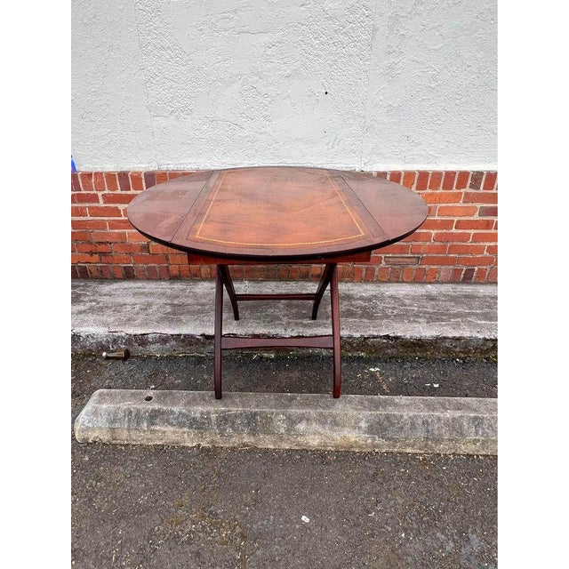 Brown Early 20th Century Antique Regency Style Drop Leaf Leather Top Round Adjustable Coffee Side Table For Sale - Image 8 of 11