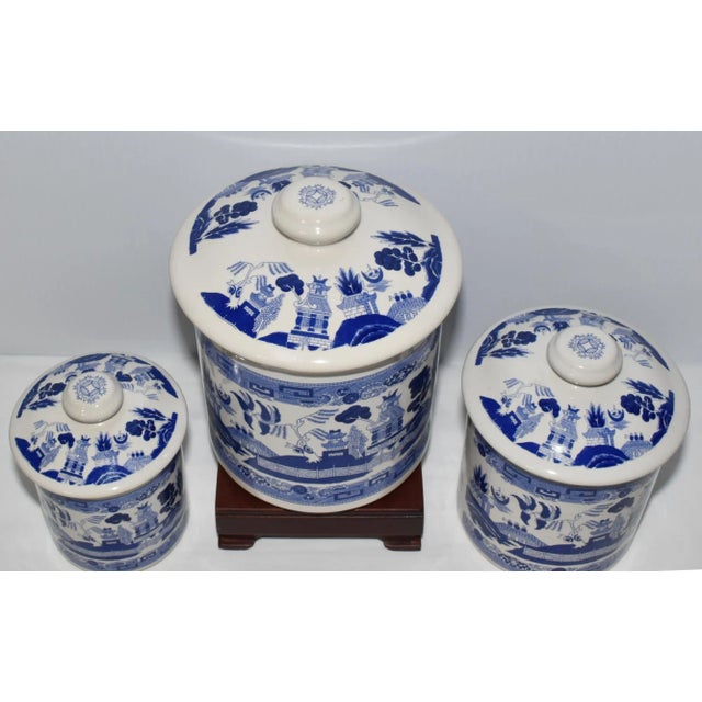 A Nice Rare Find! 3pc Set of Early 20th Century Transferware Blue Willow Canisters. Depicting the iconic blue willow...