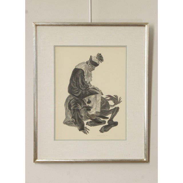 Quality Custom Framed Pen and Ink Drawing of a Clown Sitting on a Creature by Oliver Grimley (American, 1920-2013), Signed...