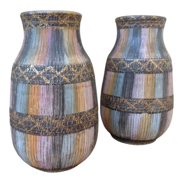 Vintage Italian Aldo Londi for Bitossi Seta Sgraffito Ceramic Pottery Vases - A Pair For Sale
