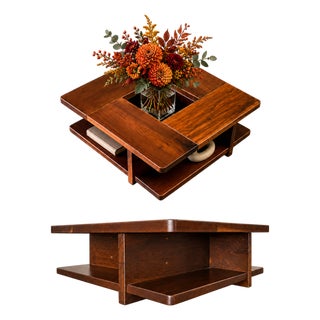 Brazilian Modern Imbuia Coffee Table with Central Flower Vase Opening and Open Display Shelves, Casa Finland, Brazil, 1960s - lot 1129 For Sale