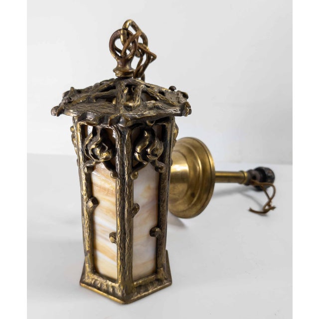 20th Century Arts & Crafts Brass and Slag Glass Gothic Tudor Revival Pendant Light For Sale In New York - Image 6 of 15