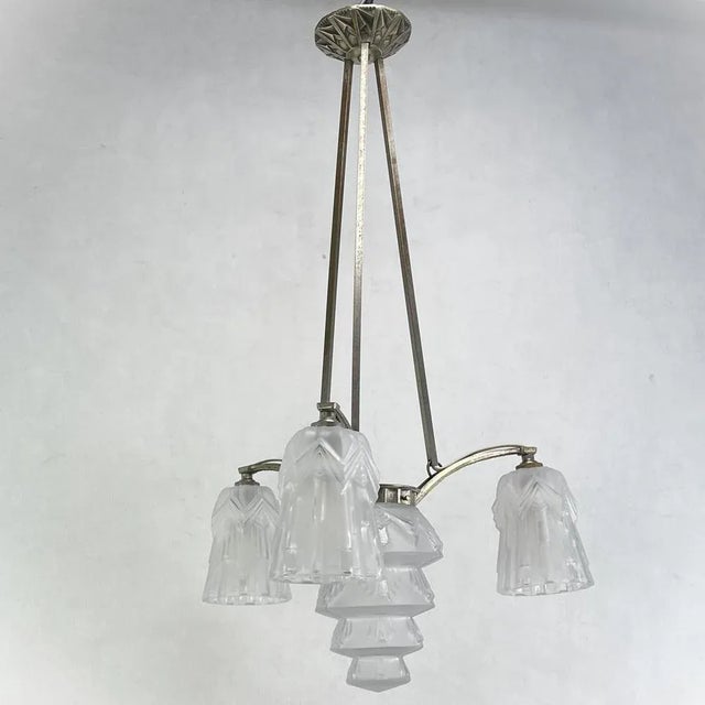 Art Deco Skyscraper Nickel-Plated Hanging Lamp, 1920s For Sale - Image 3 of 12