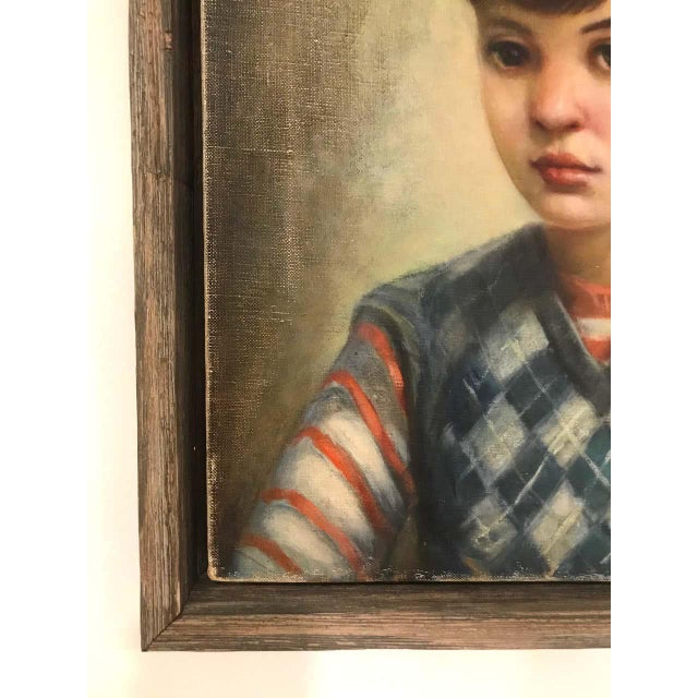 1940s Portrait of Boy in Blue Argyle Sweater Oil Painting by Robert Rukavina For Sale - Image 5 of 13