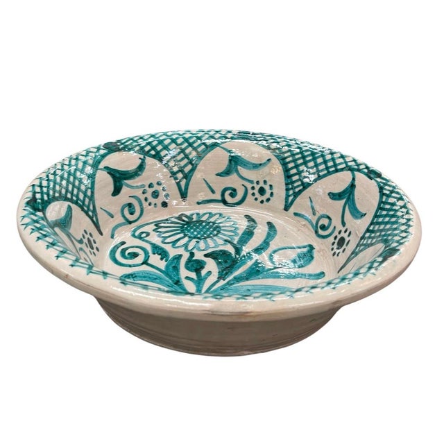 2000 - 2009 Vintage Moroccan Hand-Painted Green & White Ceramic Lebrillo Bowl For Sale - Image 5 of 12