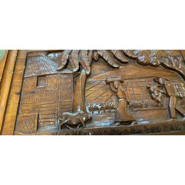 Wood Carving Serving Tray Depicts Palm Trees Man carrying bananas Hog Lady with basket on her head With a hut Beautiful...