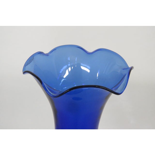 Cobalt Blue Vase Curved With Ruffled Edge Vintage Decorative Art Glass 4743b For Sale - Image 4 of 10
