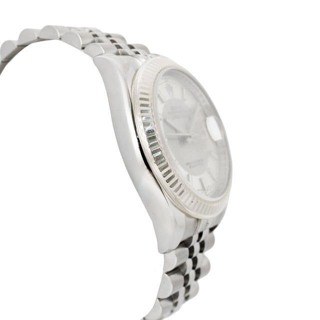 Modern Rolex Datejust 36mm 116234 Tuxedo Dial Jubilee 18k White Gold Fluted Steel Watch For Sale - Image 3 of 10