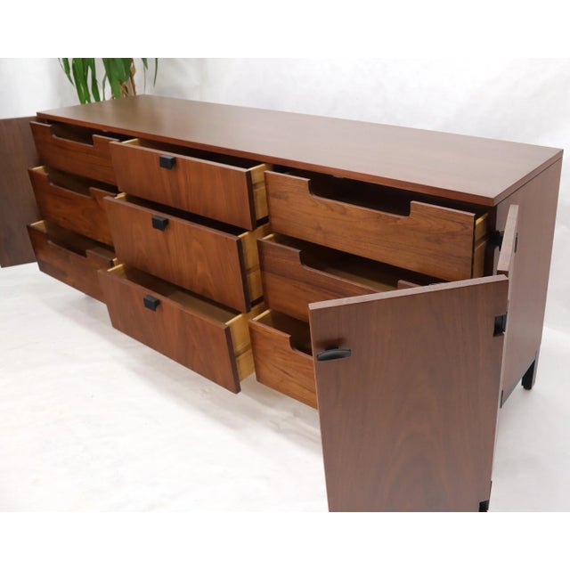 American Walnut 9 Drawers Two Doors Compartment Long Dresser Credenza Restored For Sale - Image 12 of 13