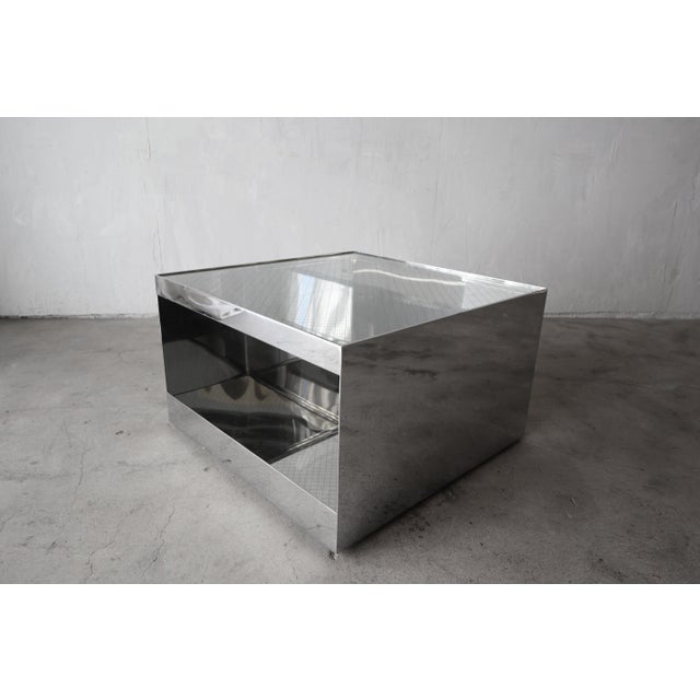 Joe D'urso for Knoll, Polished Stainless Steel Rolling Table Model 6027T. Table features a high polish steel box frame on...