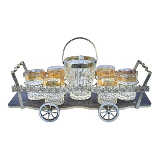 Mid 20th Century Crystal Rocks Glasses & Ice Bucket Drink Set With Caddy- 9 Pieces For Sale